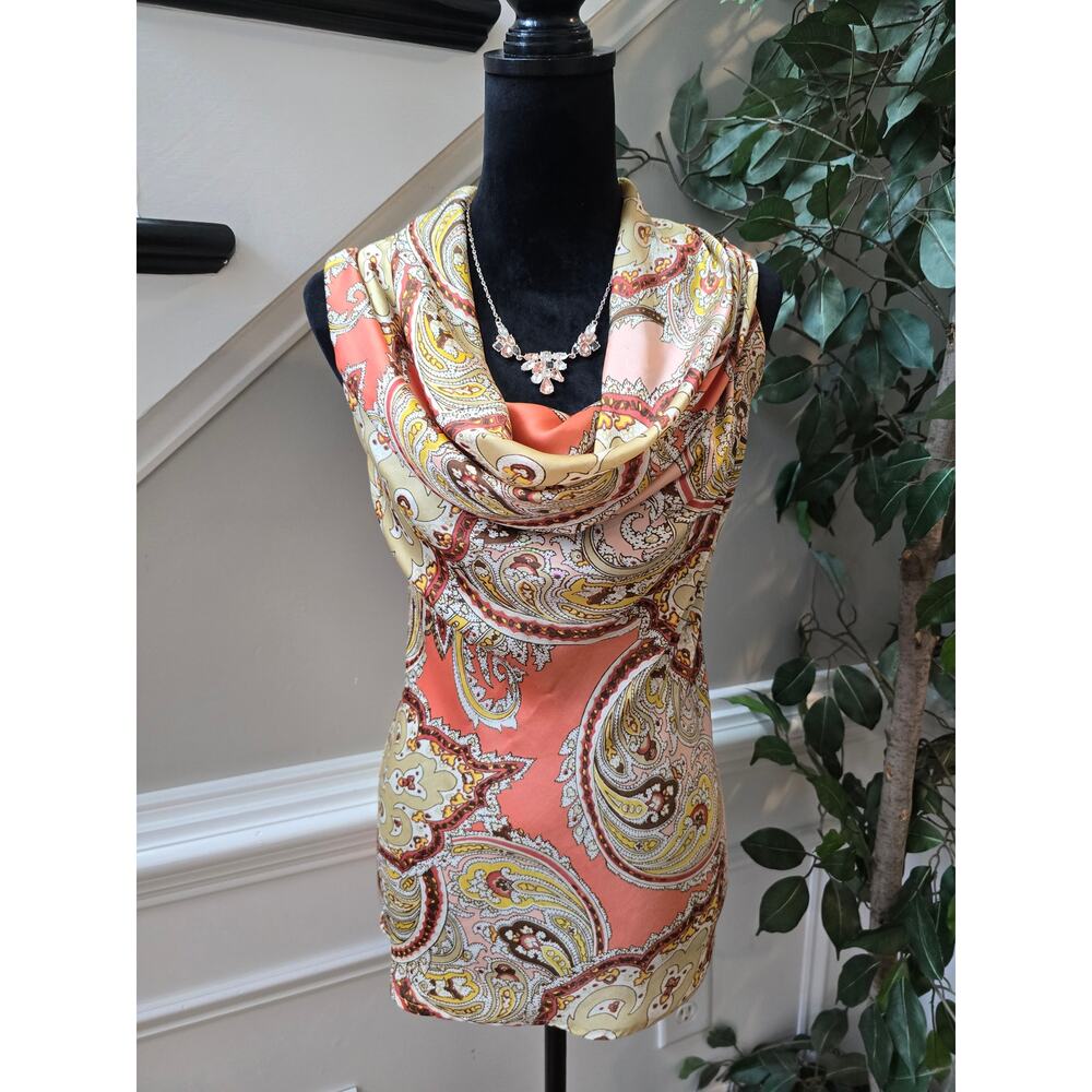 Sunny Leigh Sheath Dress Women Small Multi Paisley Cowl Neck Sleeveless Pullover